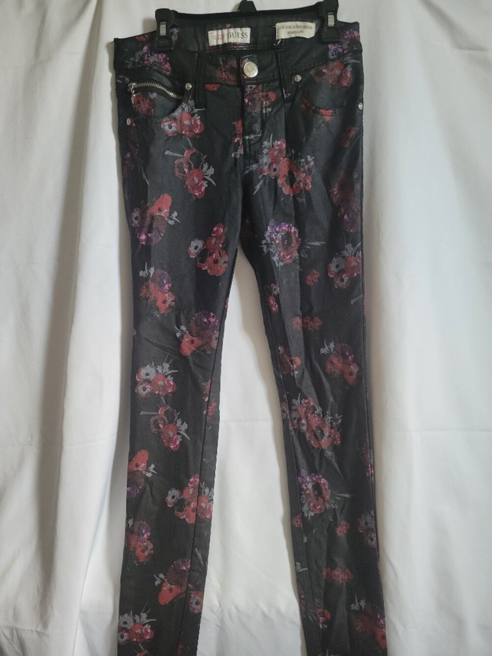 Guess Maxine Jeans Black Coated Floral Low Rise Super Skinny Waxed Zip Pocket